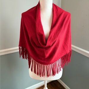 Caroline Grace Red Cotton and Cashmere Fringe Pullover Poncho Wrap One Size